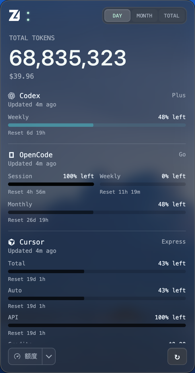 ZT Monitor 电脑端额度页,展示 Codex、OpenCode、Cursor 等账户额度